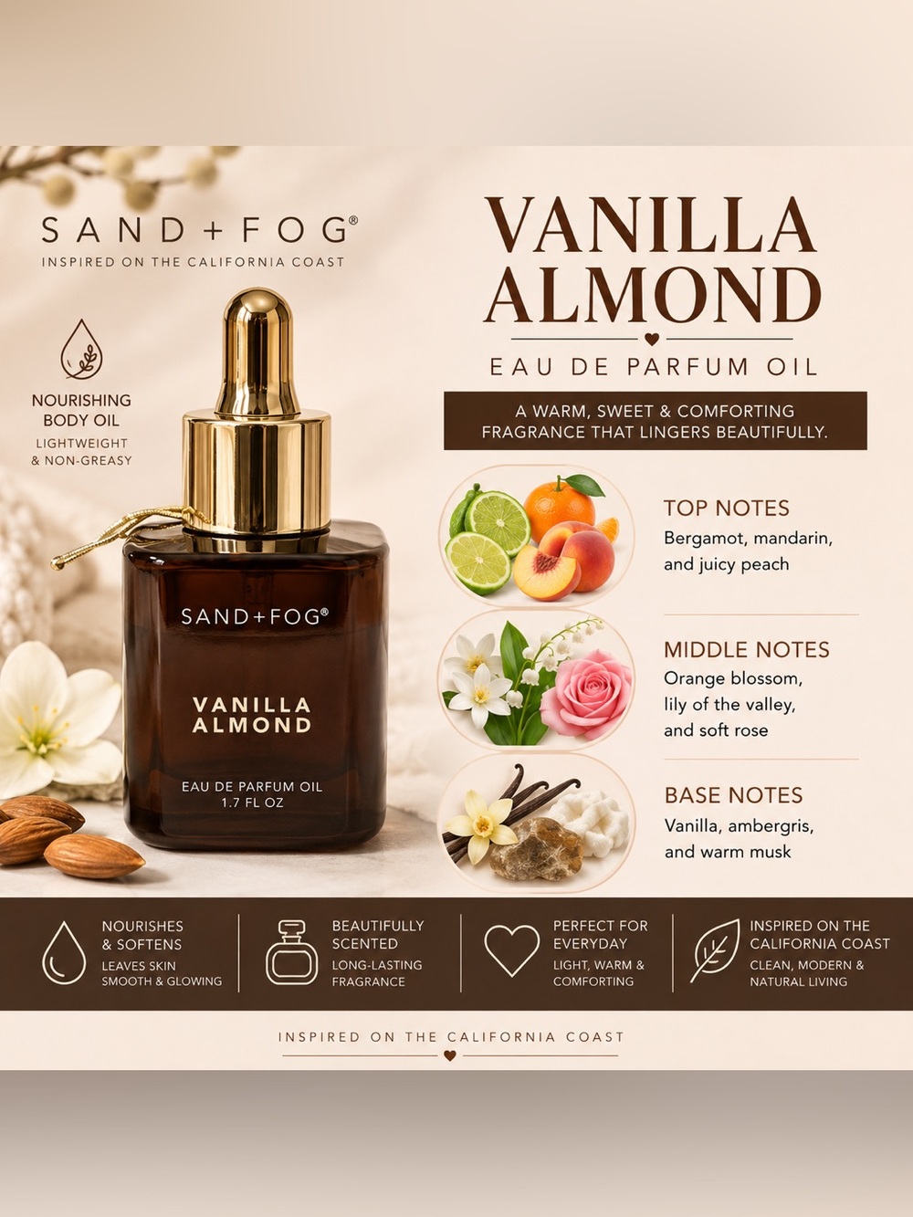 Brand new Sand + Fog Vanilla Almond Oil, 1.7 fl oz.
